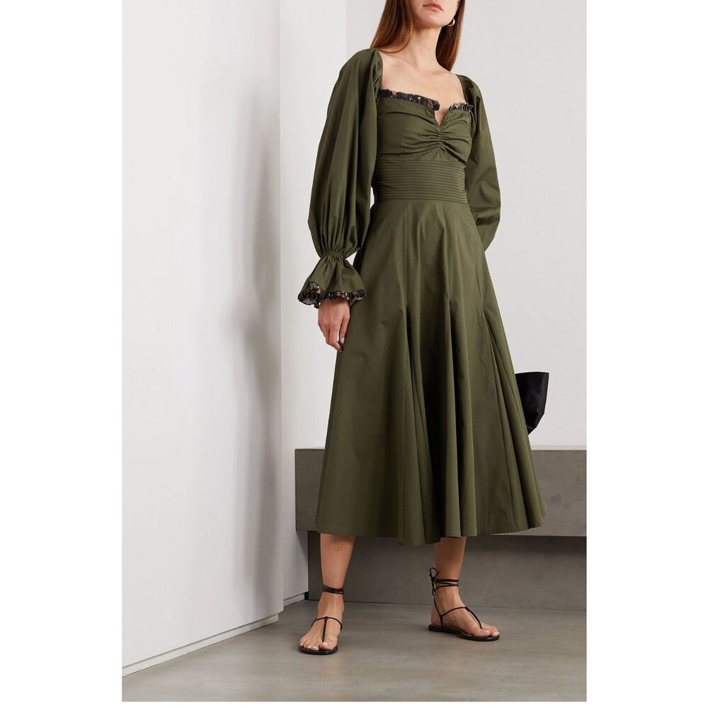 Lug Von Siga Army Green Serena‎ Ruffle Cotton Poplin Midi Dress Size 6